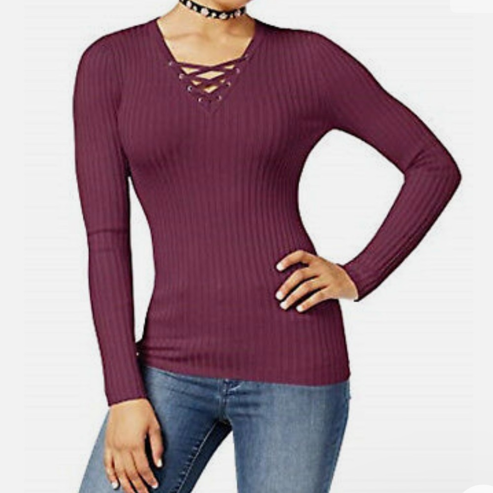 Hooked Up by IOT Juniors Lace-Up Rib-Knit Sweater